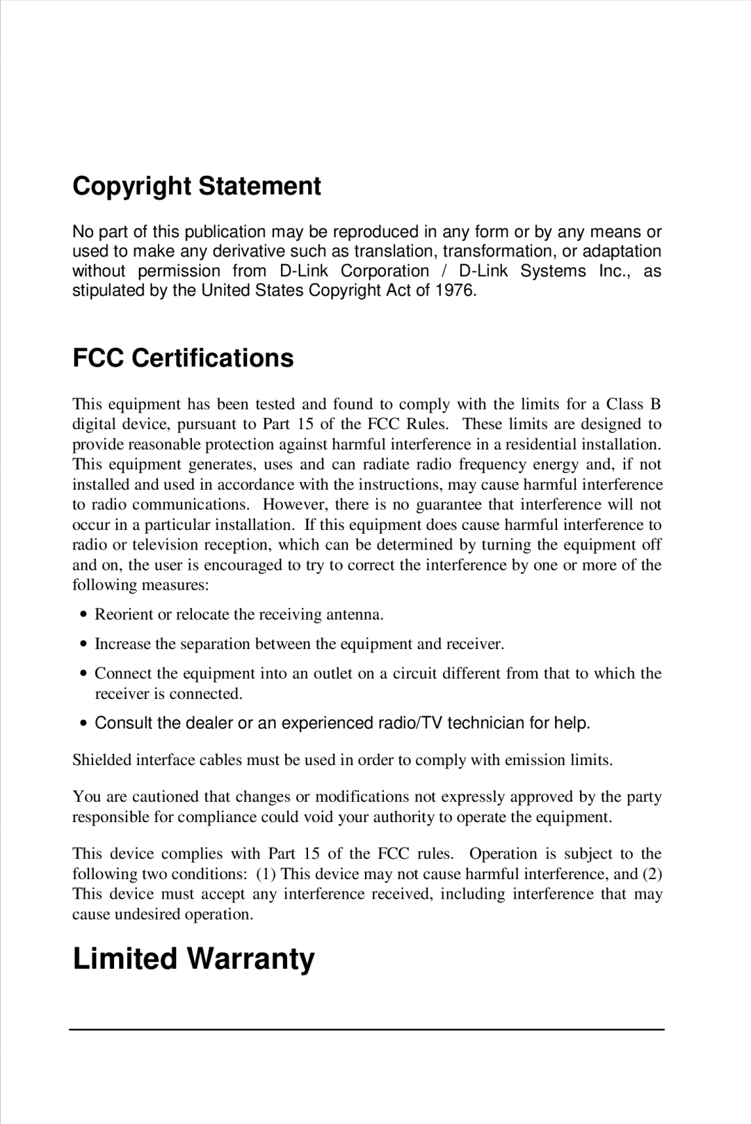 D-Link DFE-570TX manual Limited Warranty, Copyright Statement, FCC Certifications 