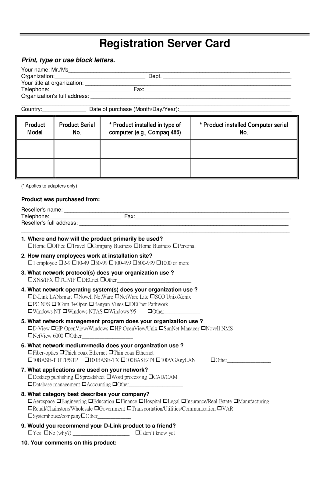 D-Link DFE-570TX manual Registration Server Card, Print, type or use block letters 