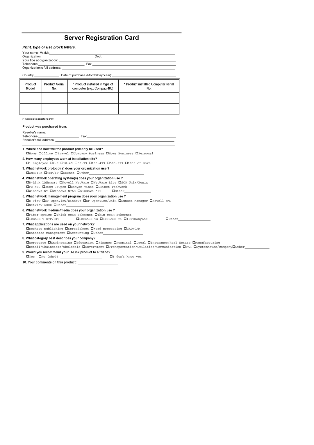 D-Link DFE-580TX manual Server Registration Card, Print, type or use block letters 