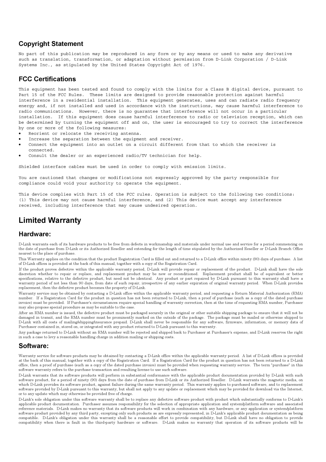 D-Link DFE-580TX manual Limited Warranty, Copyright Statement, FCC Certifications, Hardware, Software 