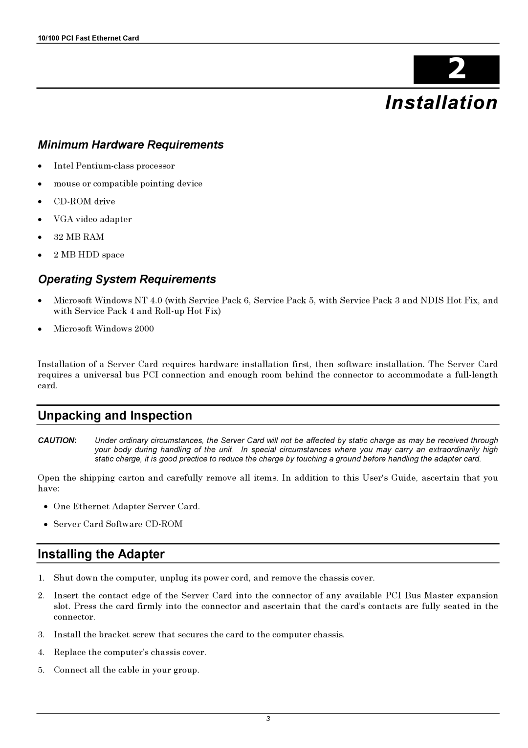 D-Link DFE-580TX manual Installation, Unpacking and Inspection, Installing the Adapter, Minimum Hardware Requirements 