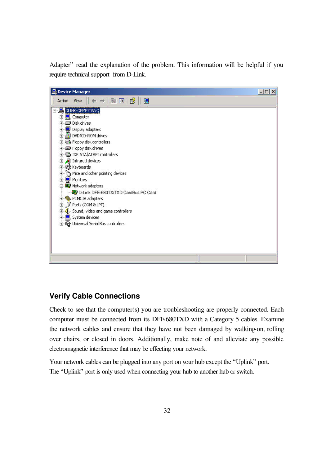 D-Link DFE-680TXD manual Verify Cable Connections 