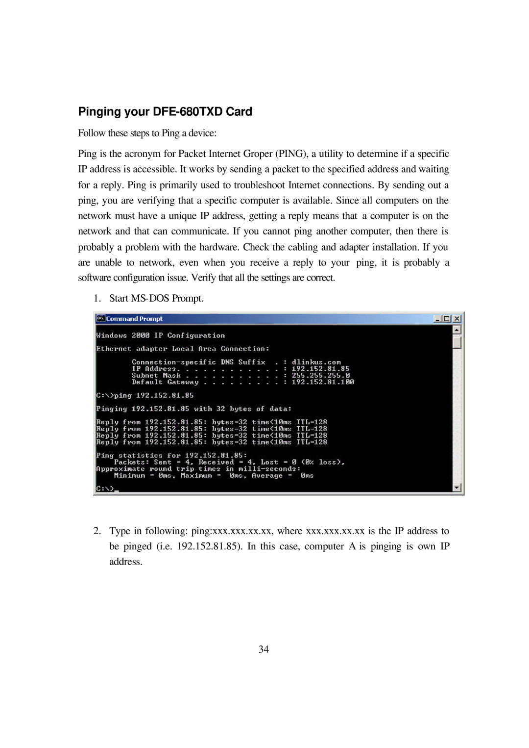 D-Link manual Pinging your DFE-680TXD Card 