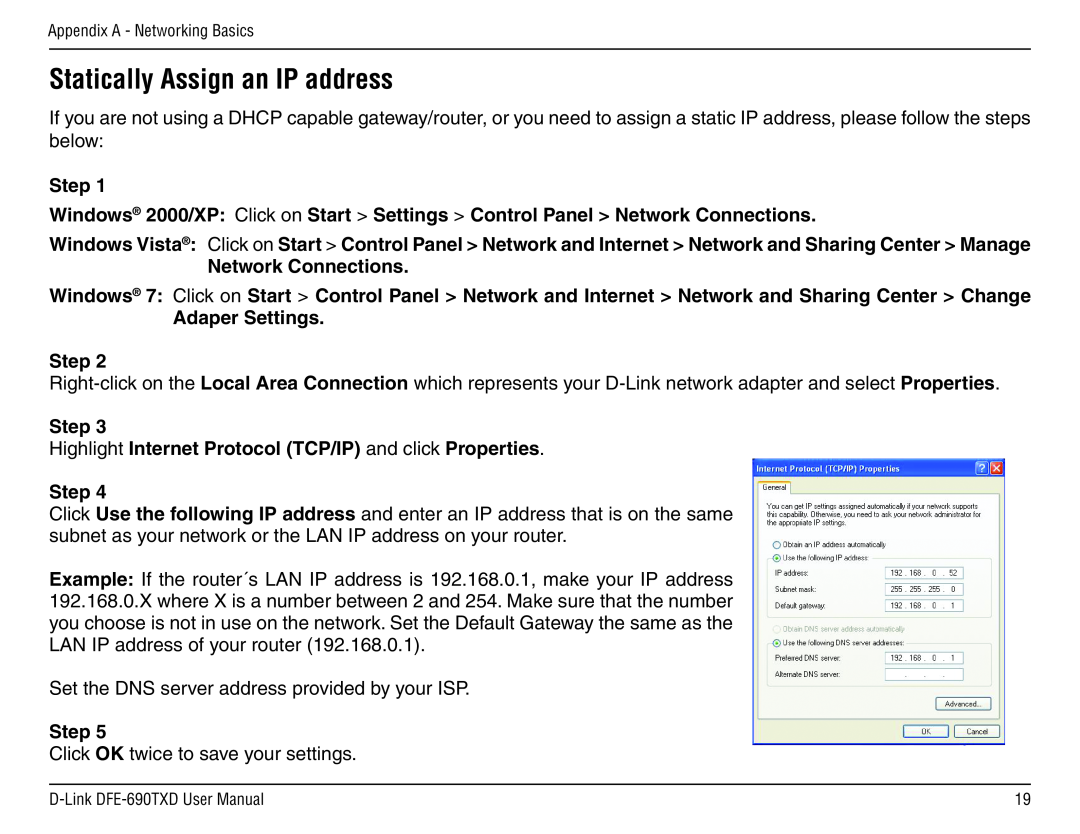 D-Link DFE-690TXD manual Statically Assign an IP address, Network Connections, Adaper Settings Step 