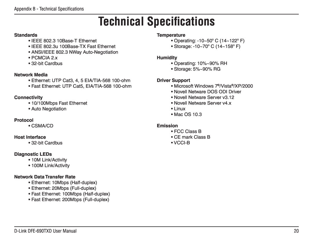 D-Link DFE-690TXD manual Technical Specifications 