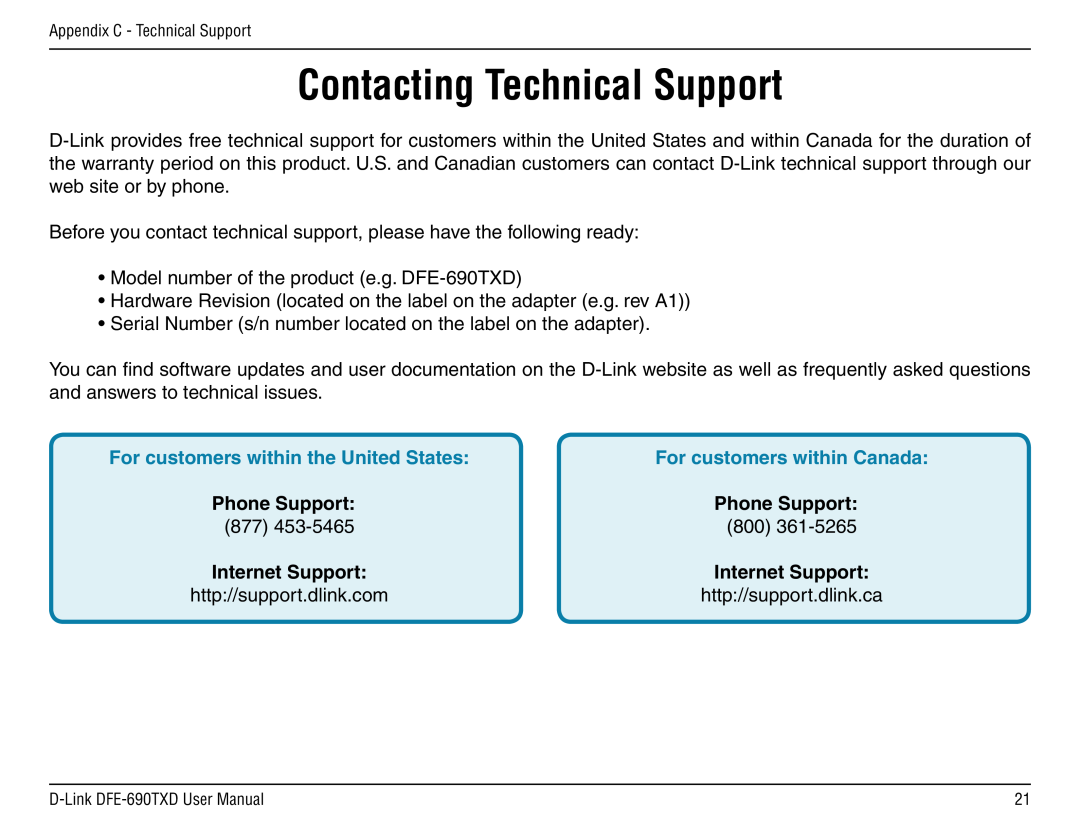 D-Link DFE-690TXD manual Contacting Technical Support, Phone Support 