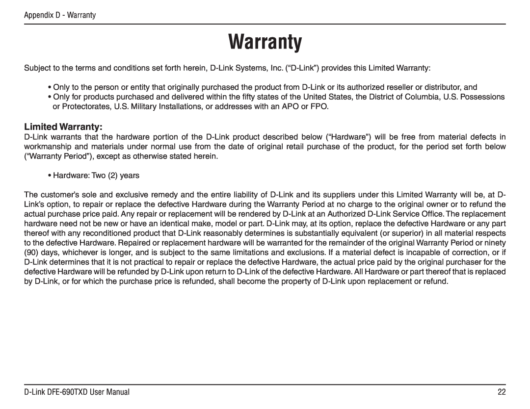 D-Link DFE-690TXD manual Limited Warranty 