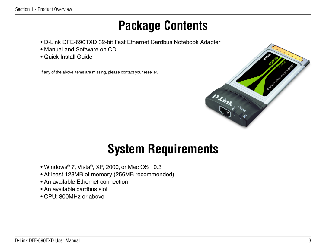 D-Link DFE-690TXD manual Package Contents, System Requirements, Product Overview 