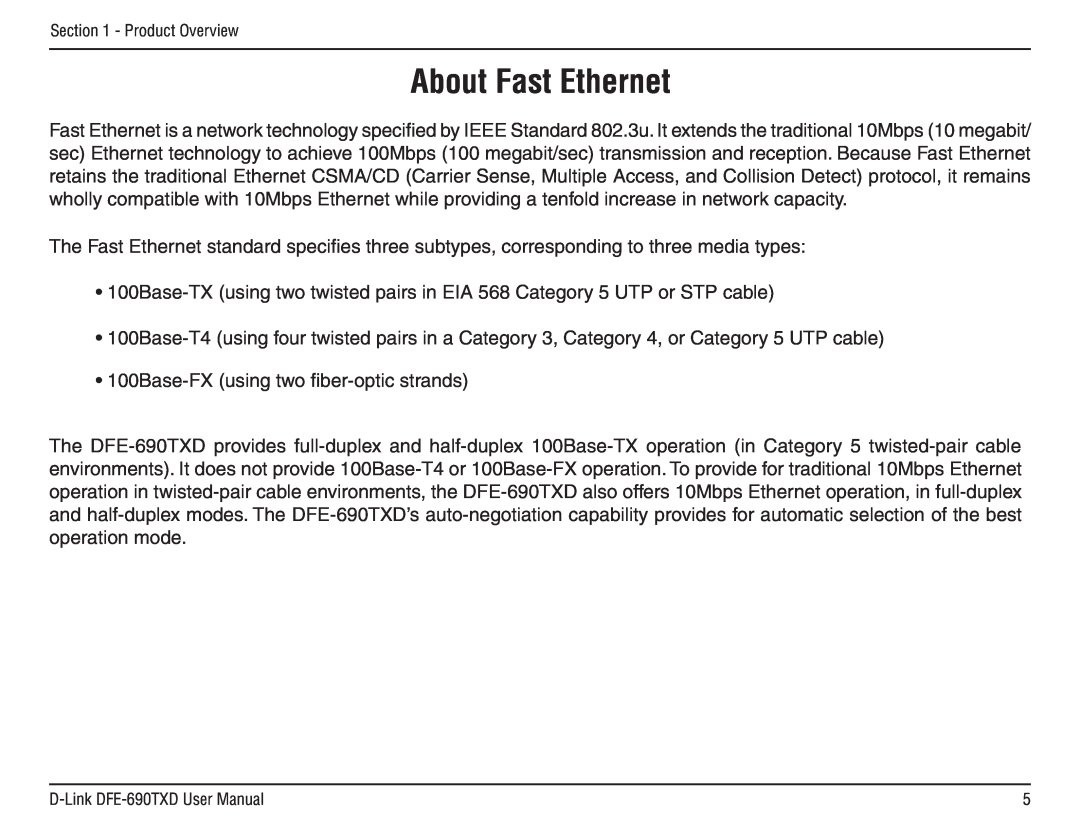 D-Link DFE-690TXD manual About Fast Ethernet 