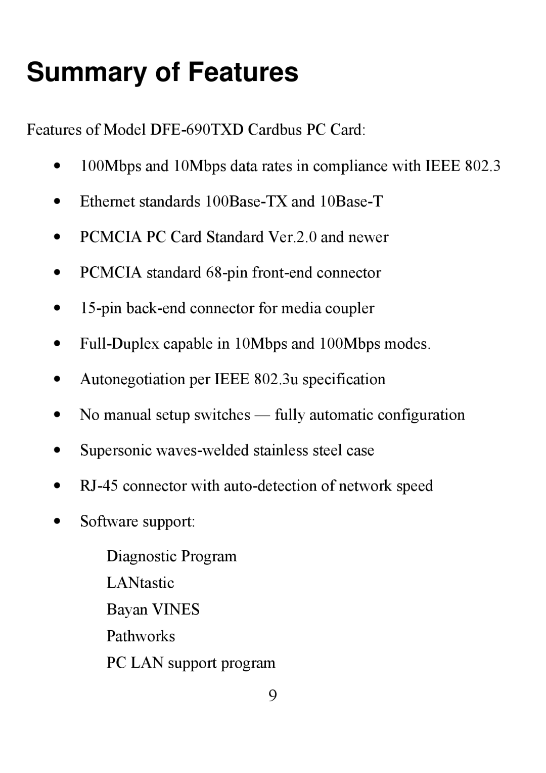 D-Link DFE-690TXD user manual Summary of Features 