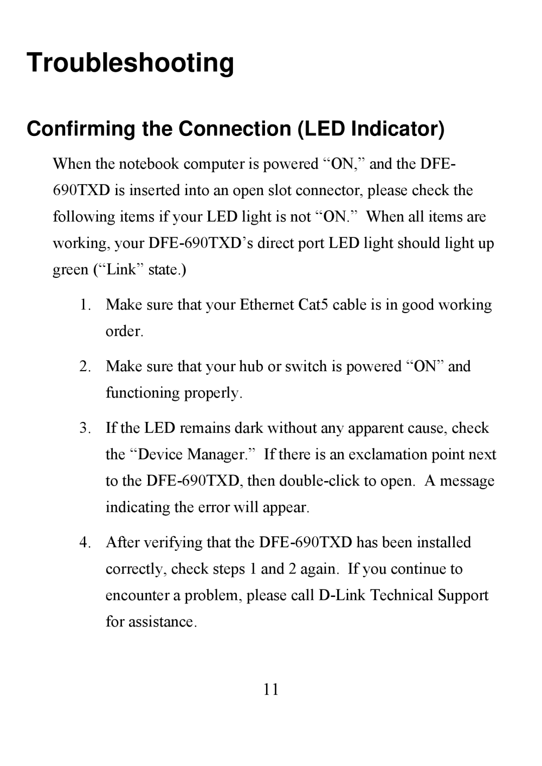 D-Link DFE-690TXD user manual Troubleshooting, Confirming the Connection LED Indicator 