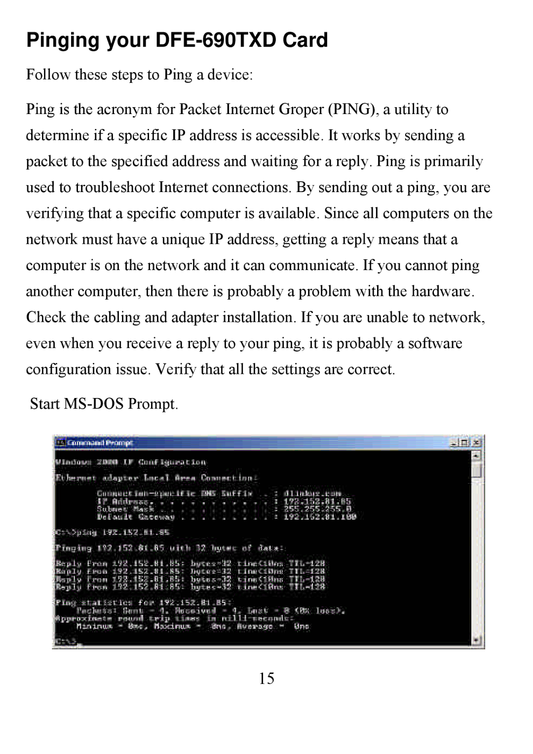 D-Link user manual Pinging your DFE-690TXD Card 