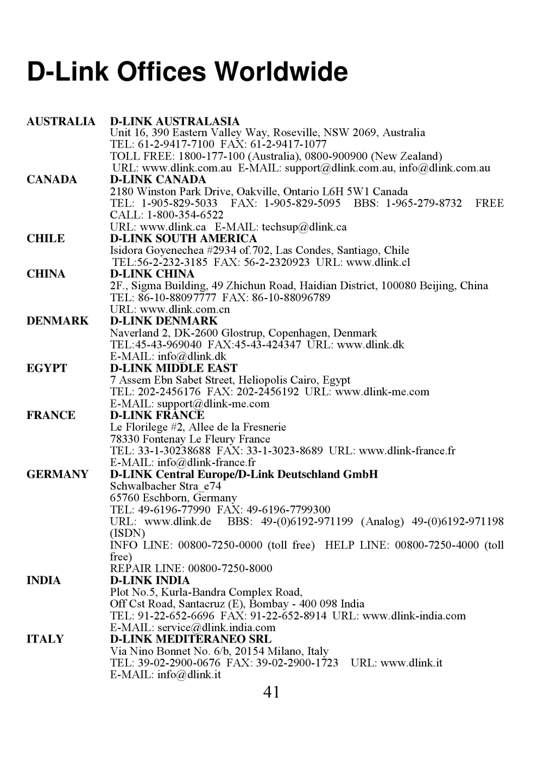 D-Link DFE-690TXD user manual Link Offices Worldwide, Australia Link Australasia 