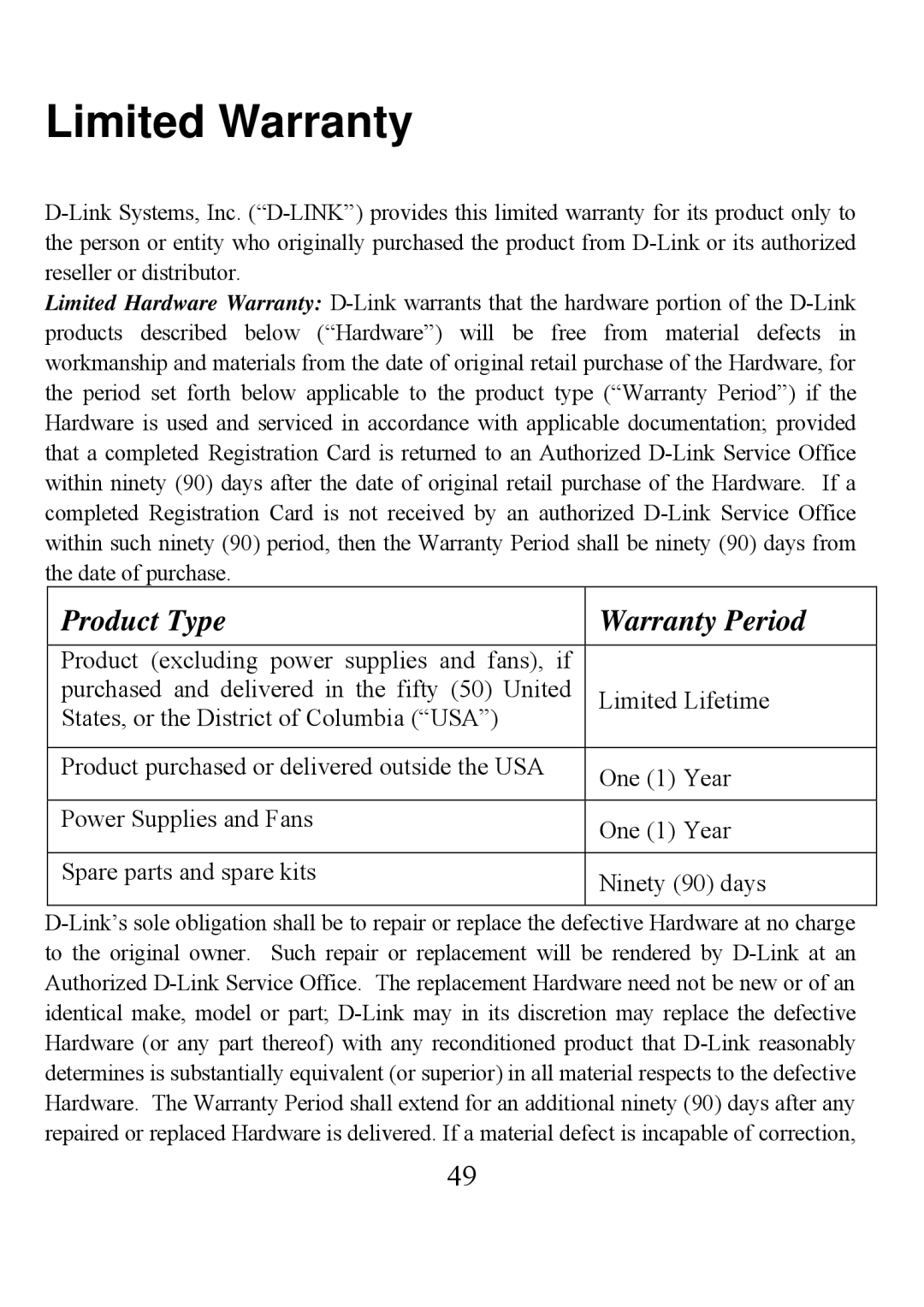 D-Link DFE-690TXD user manual Limited Warranty, Product Type Warranty Period 