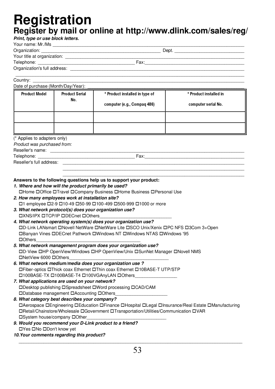 D-Link DFE-690TXD user manual Registration, Print, type or use block letters 