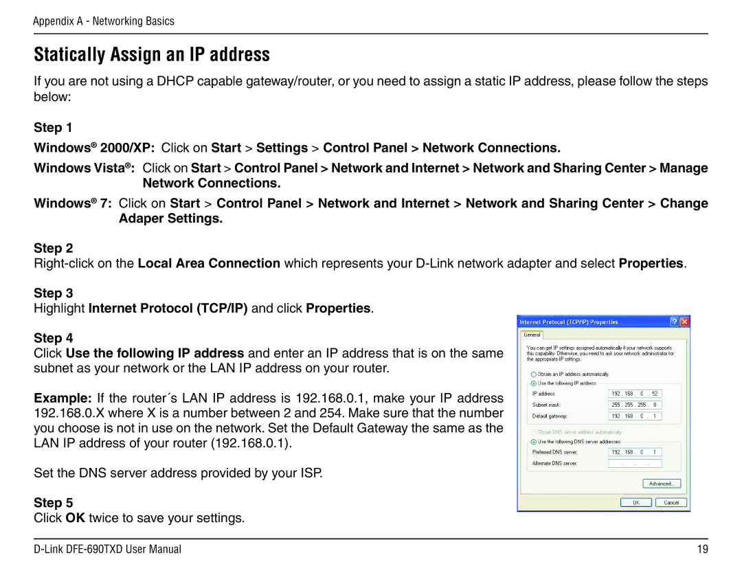 D-Link DFE-690TXD manual Step Highlight Internet Protocol TCP/IP and click Properties 