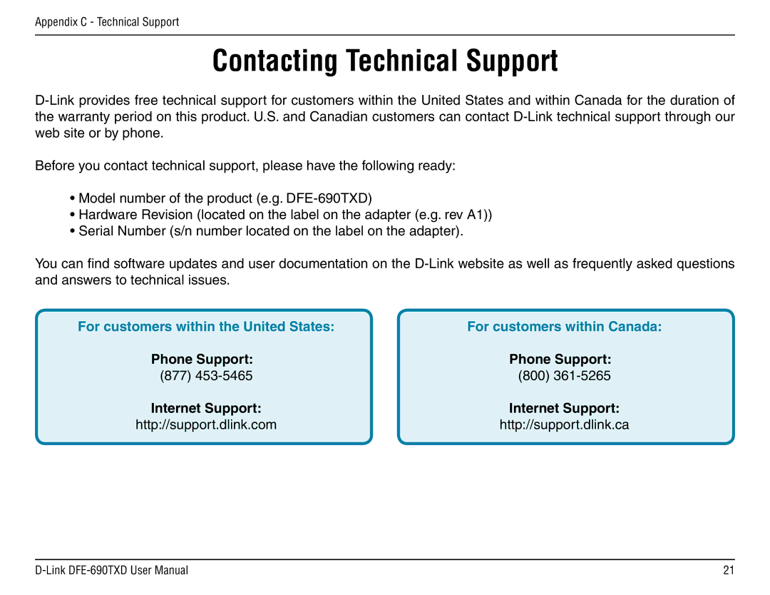 D-Link DFE-690TXD manual Contacting Technical Support, Phone Support 