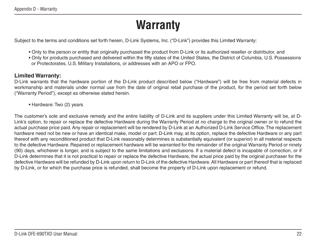 D-Link DFE-690TXD manual Limited Warranty 