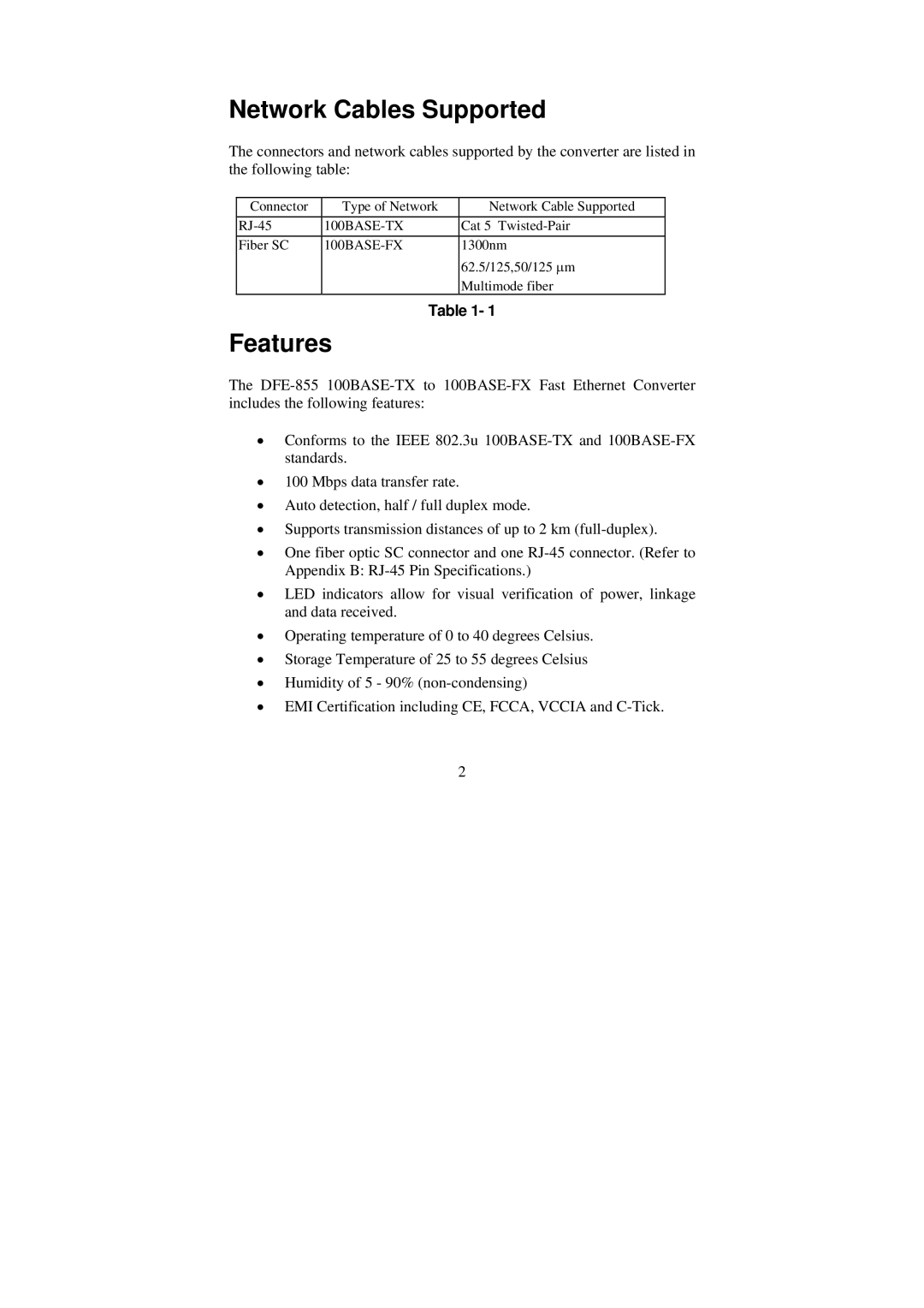 D-Link DFE-855 manual Network Cables Supported 