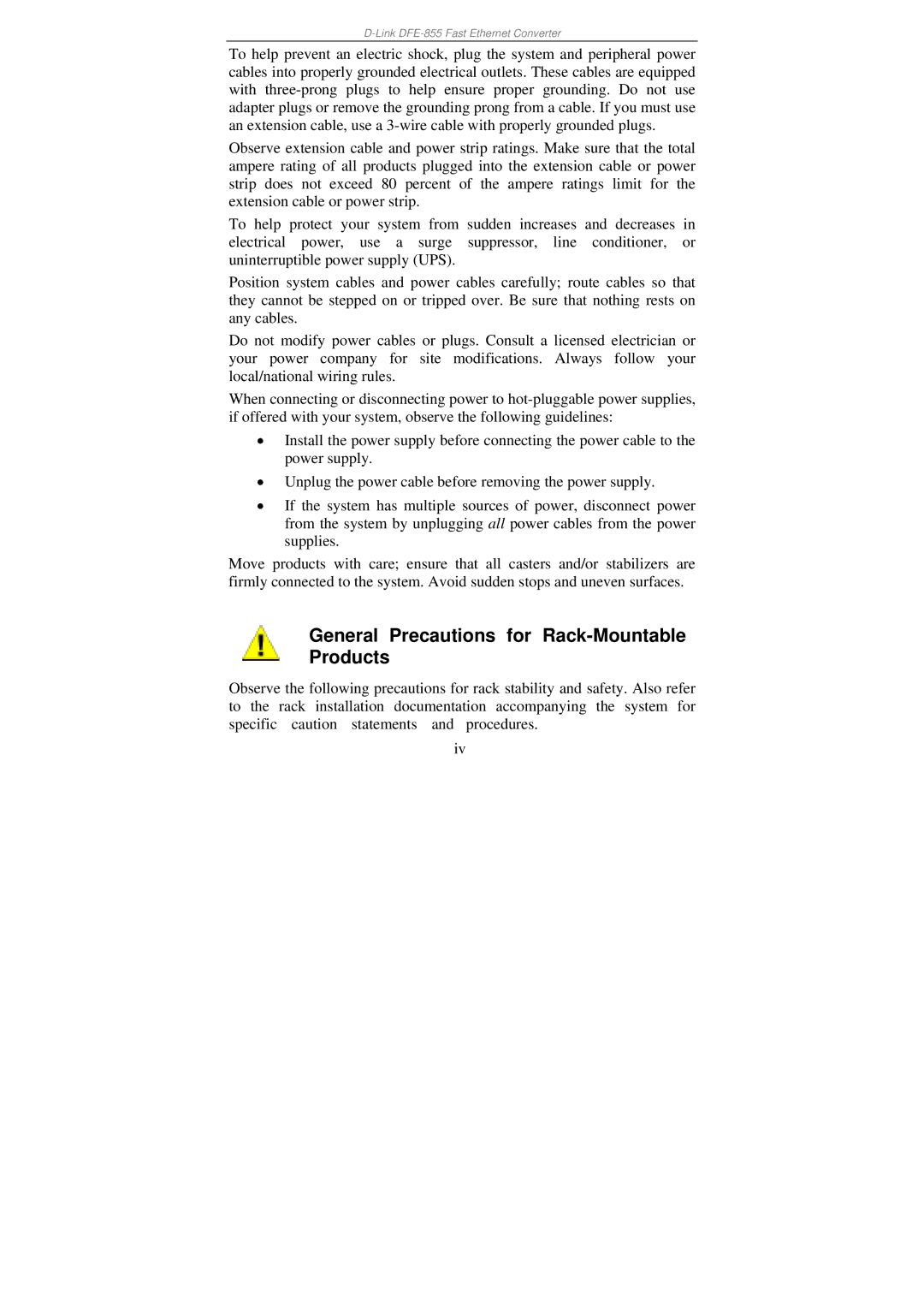 D-Link DFE-855 manual General Precautions for Rack-Mountable Products 