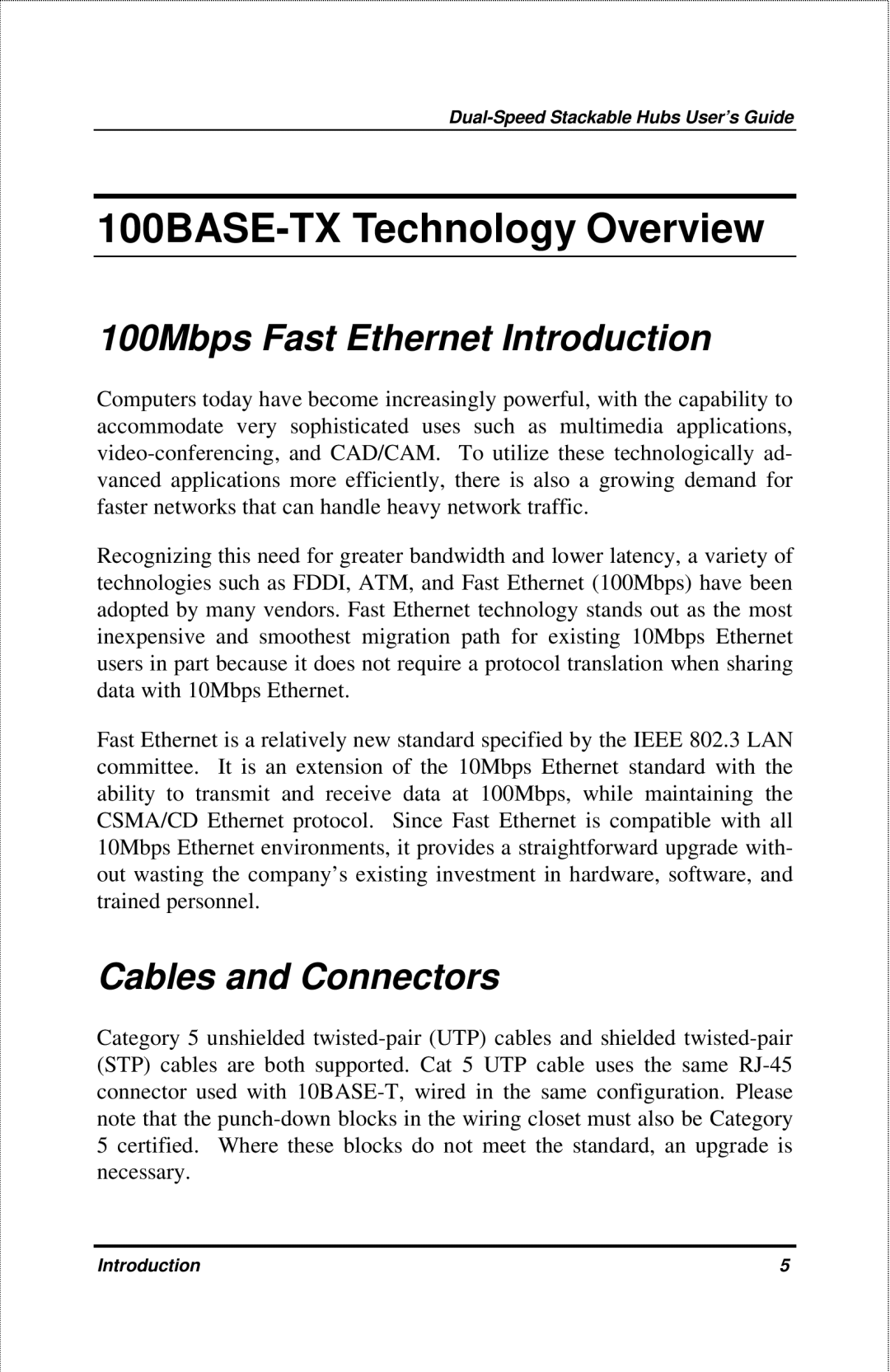 D-Link DFE-908X manual 100BASE-TX Technology Overview, 100Mbps Fast Ethernet Introduction, Cables and Connectors 