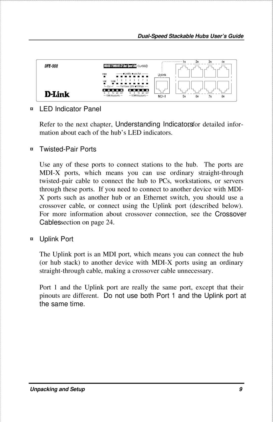 D-Link DFE-908X manual LED Indicator Panel, Twisted-Pair Ports, Uplink Port 