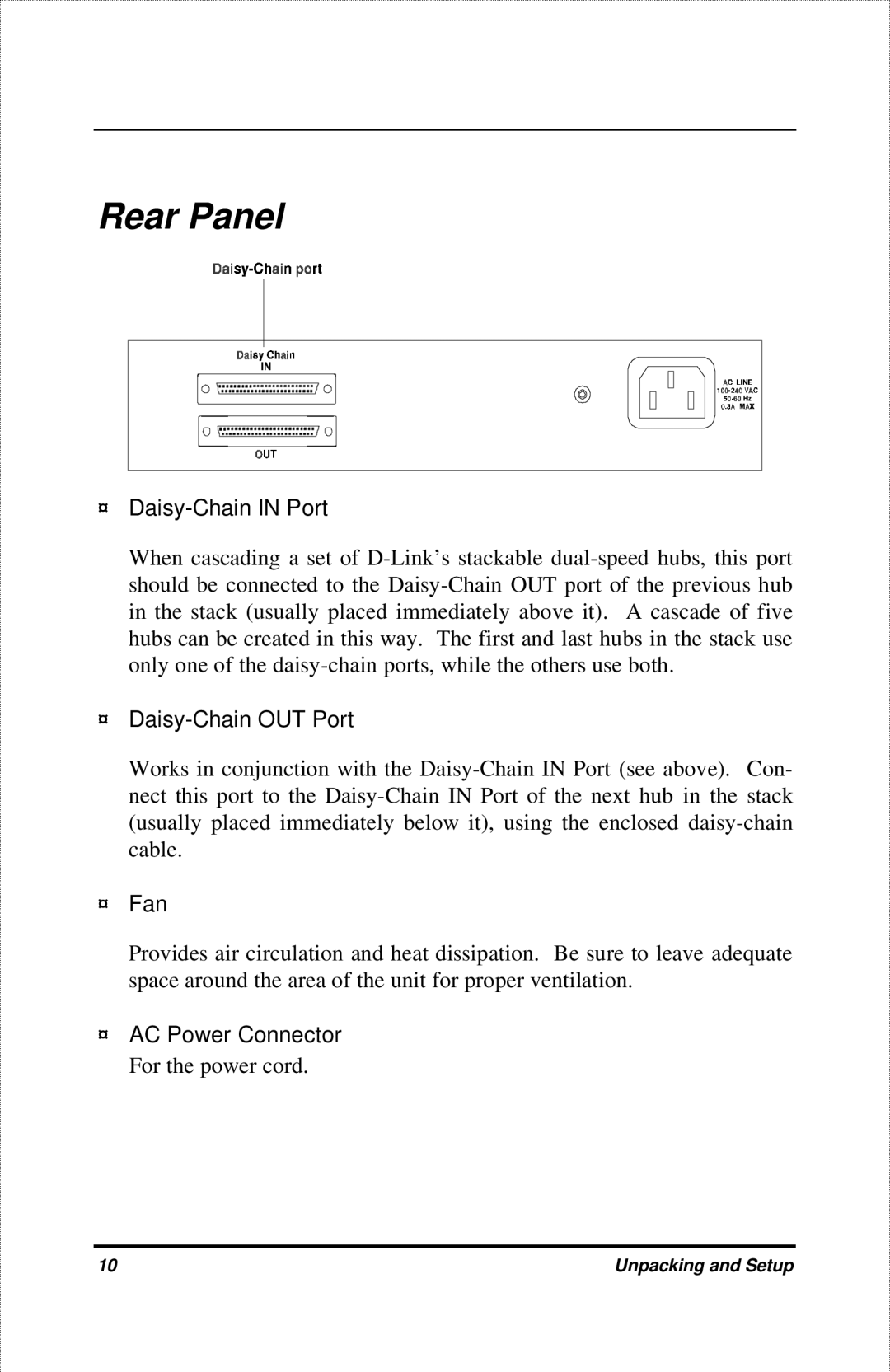 D-Link DFE-908X manual Rear Panel, Daisy-Chain in Port, Daisy-Chain OUT Port, Fan, AC Power Connector For the power cord 