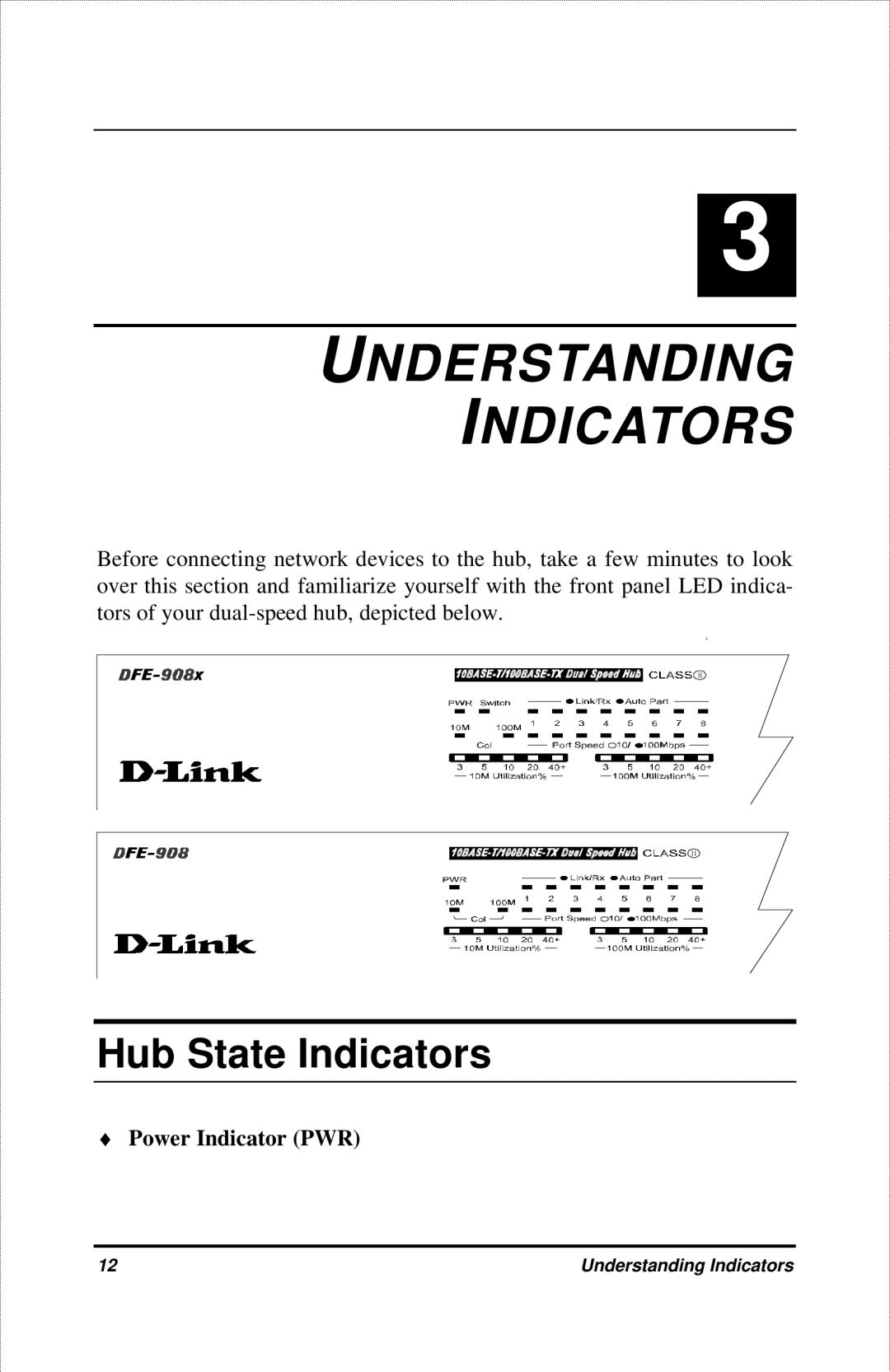 D-Link DFE-908X manual Understanding Indicators, Hub State Indicators, Power Indicator PWR 