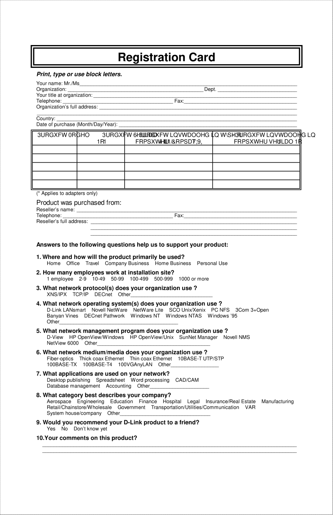 D-Link DFE-908X manual Registration Card 