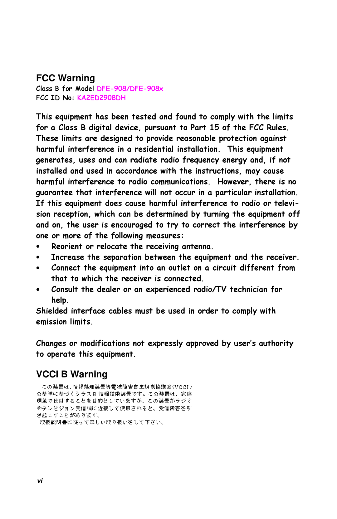 D-Link DFE-908X manual Vcci B Warning 