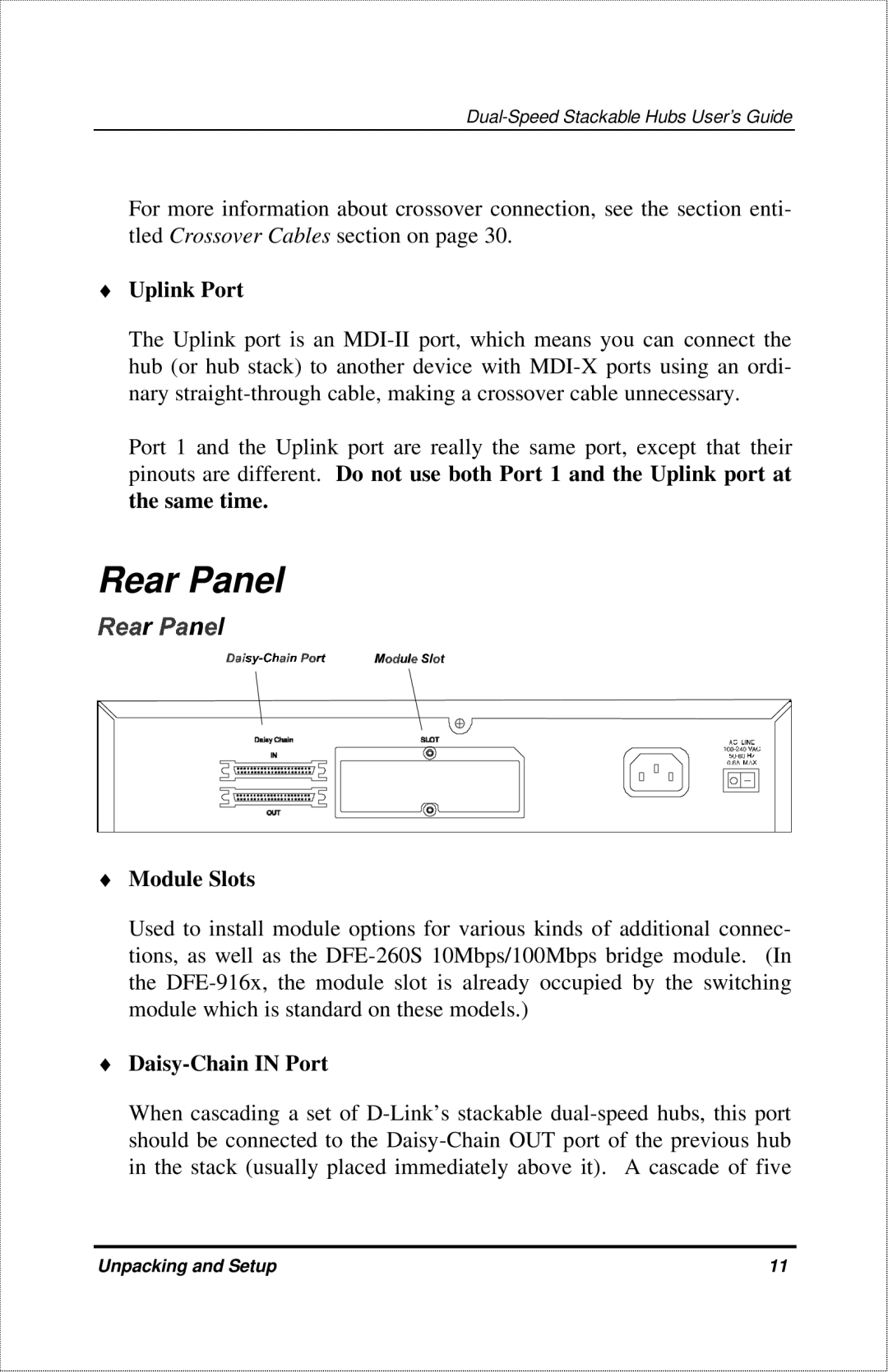 D-Link DFE-916X manual Rear Panel, Uplink Port, Module Slots, Daisy-Chain in Port 