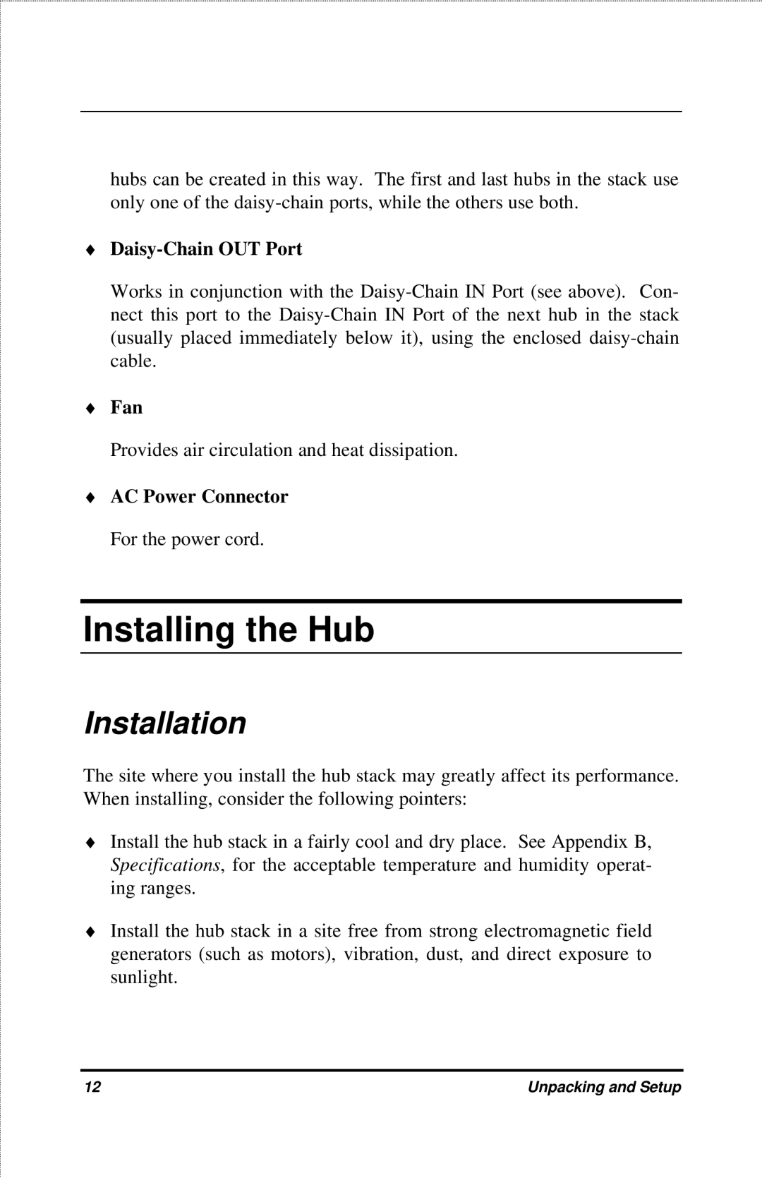 D-Link DFE-916X manual Installing the Hub, Installation, Daisy-Chain OUT Port, Fan, AC Power Connector For the power cord 