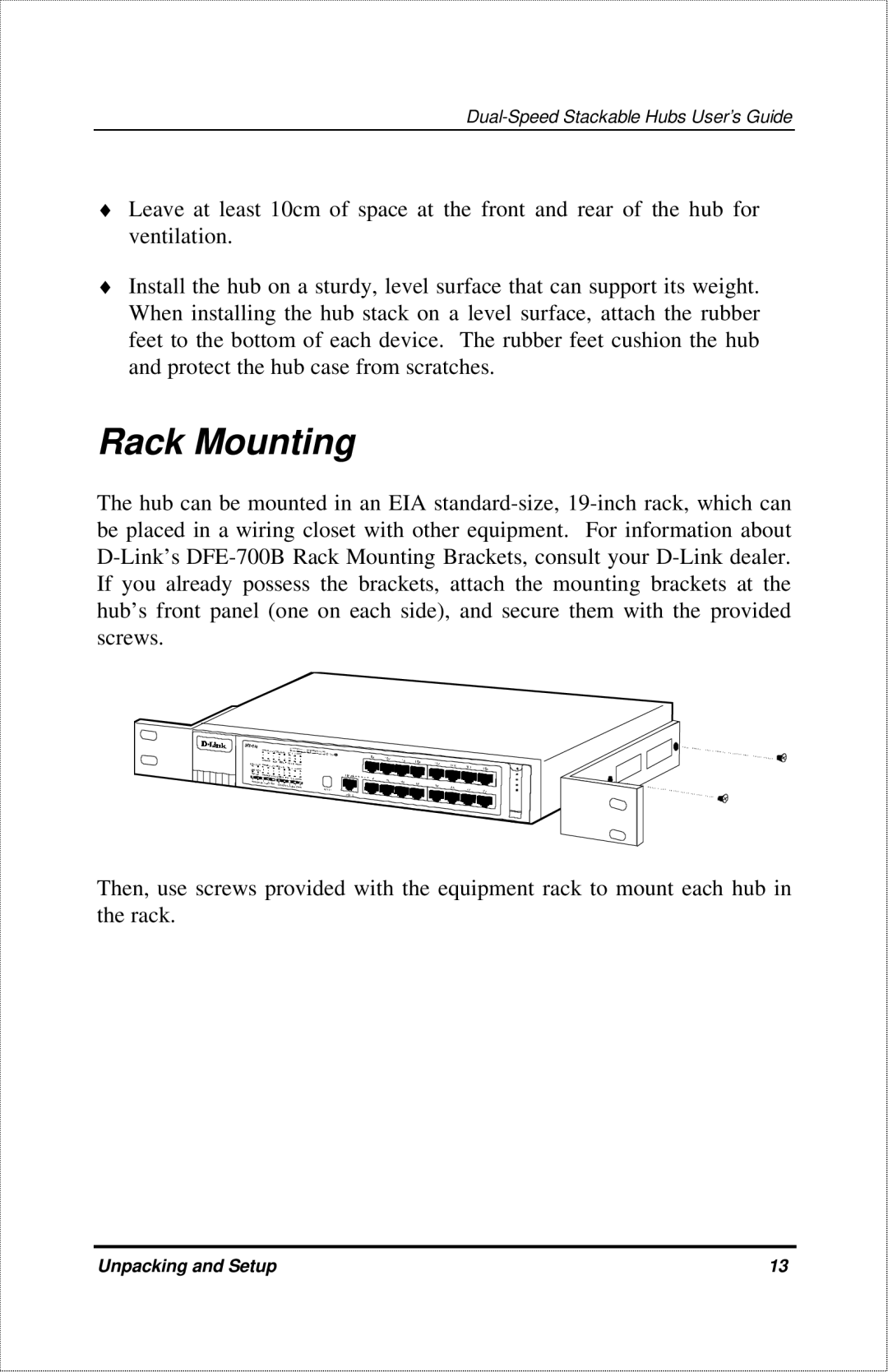 D-Link DFE-916X manual Rack Mounting 