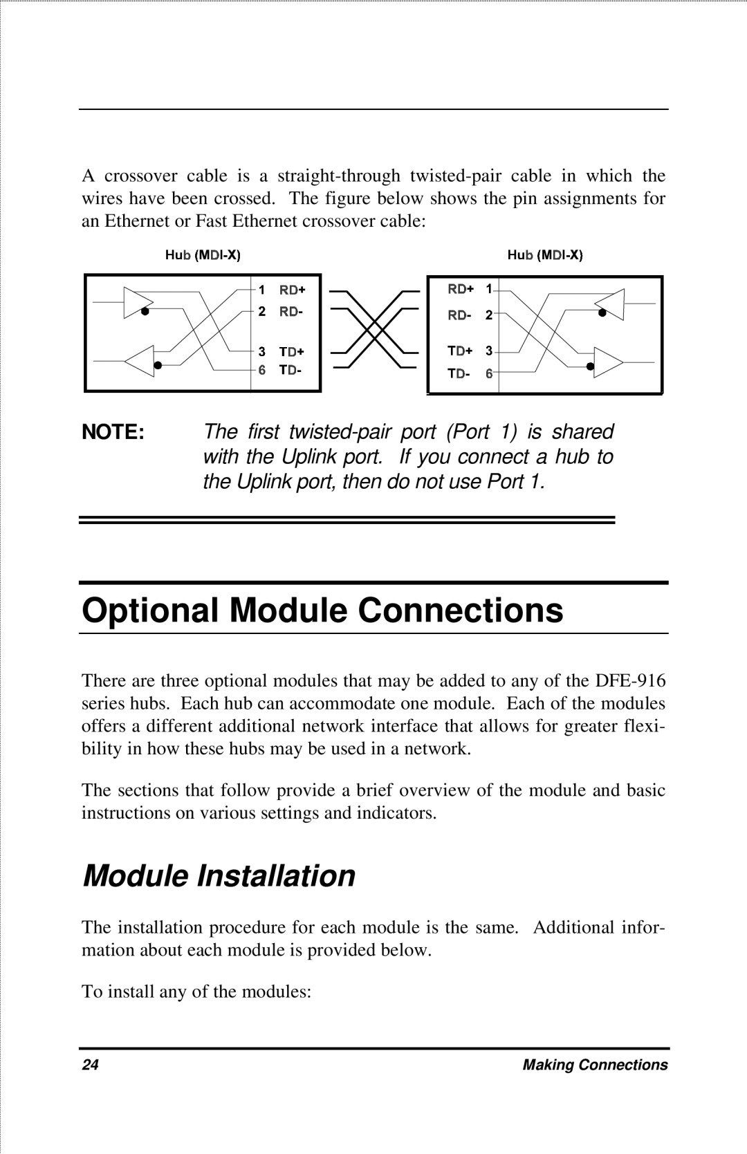 D-Link DFE-916X manual Optional Module Connections, Module Installation 