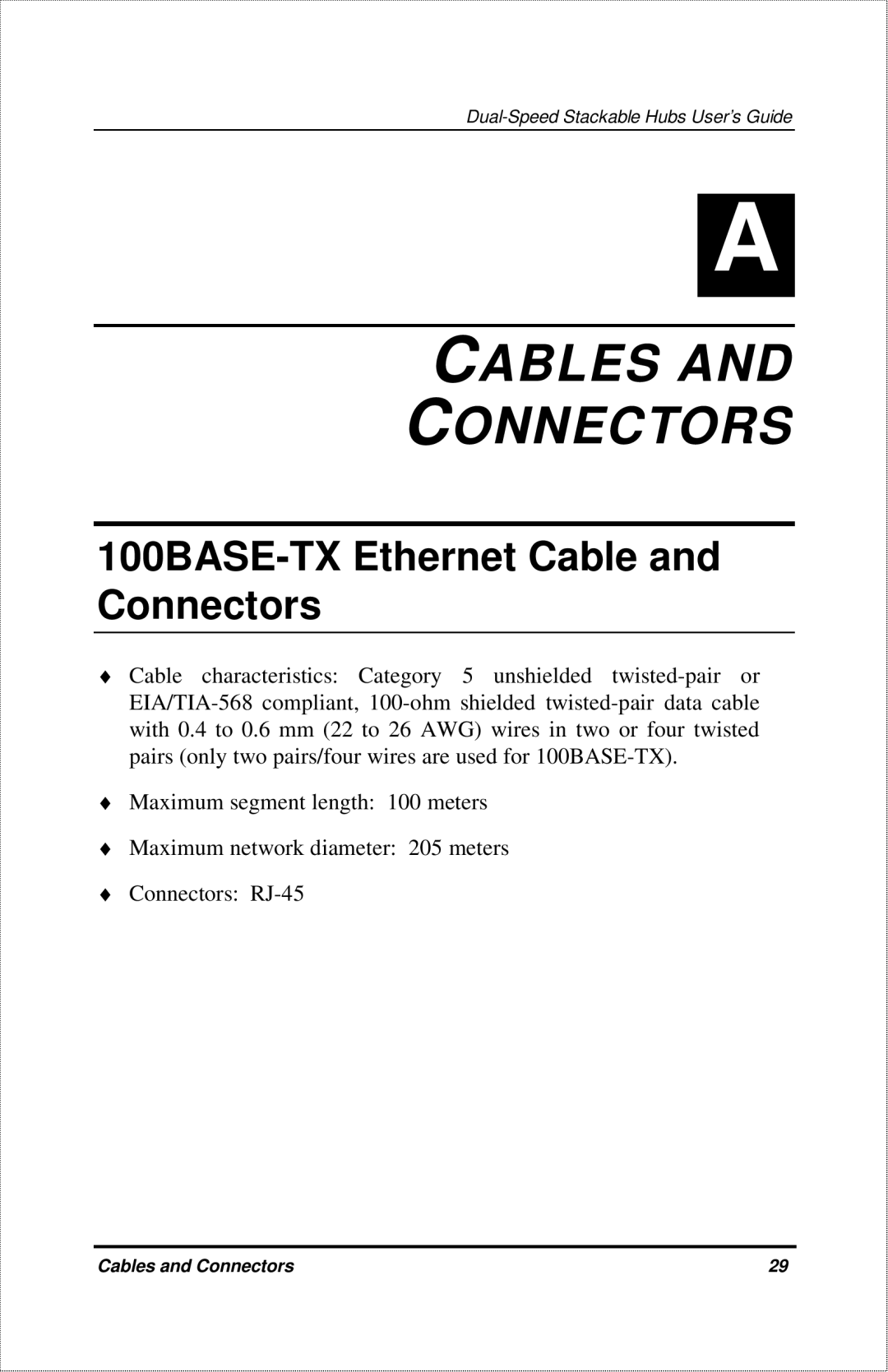 D-Link DFE-916X manual Cables Connectors, 100BASE-TX Ethernet Cable and Connectors 