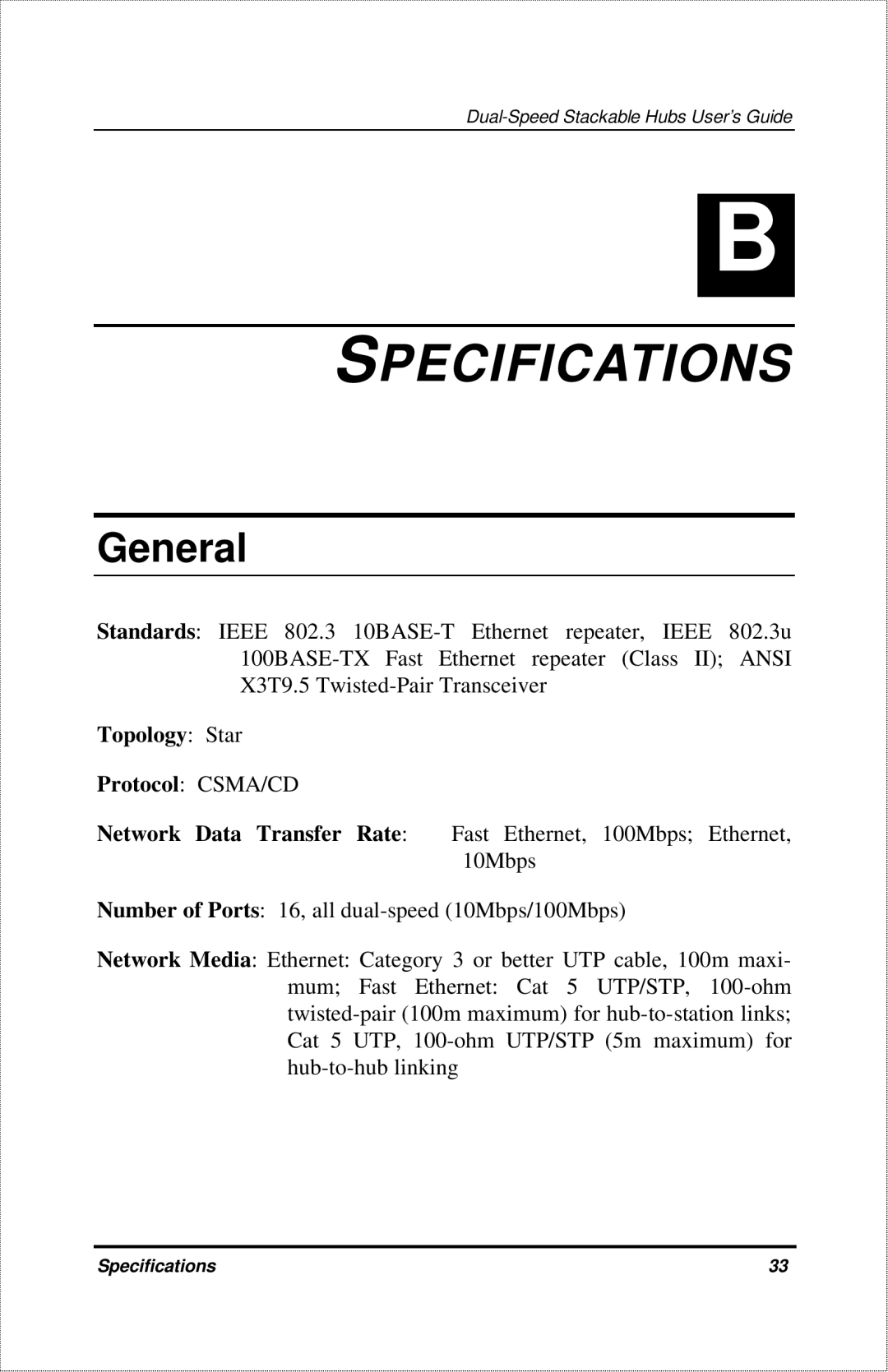 D-Link DFE-916X manual Specifications, General, Topology Star 