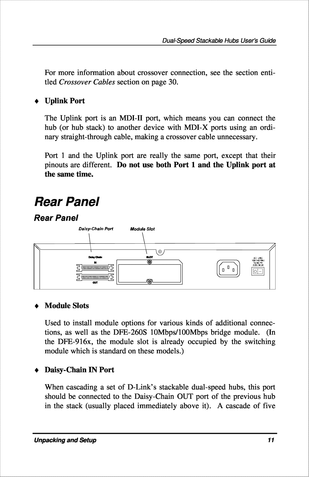 D-Link DFE-916X manual Rear Panel, Uplink Port, Module Slots, Daisy-Chain IN Port 