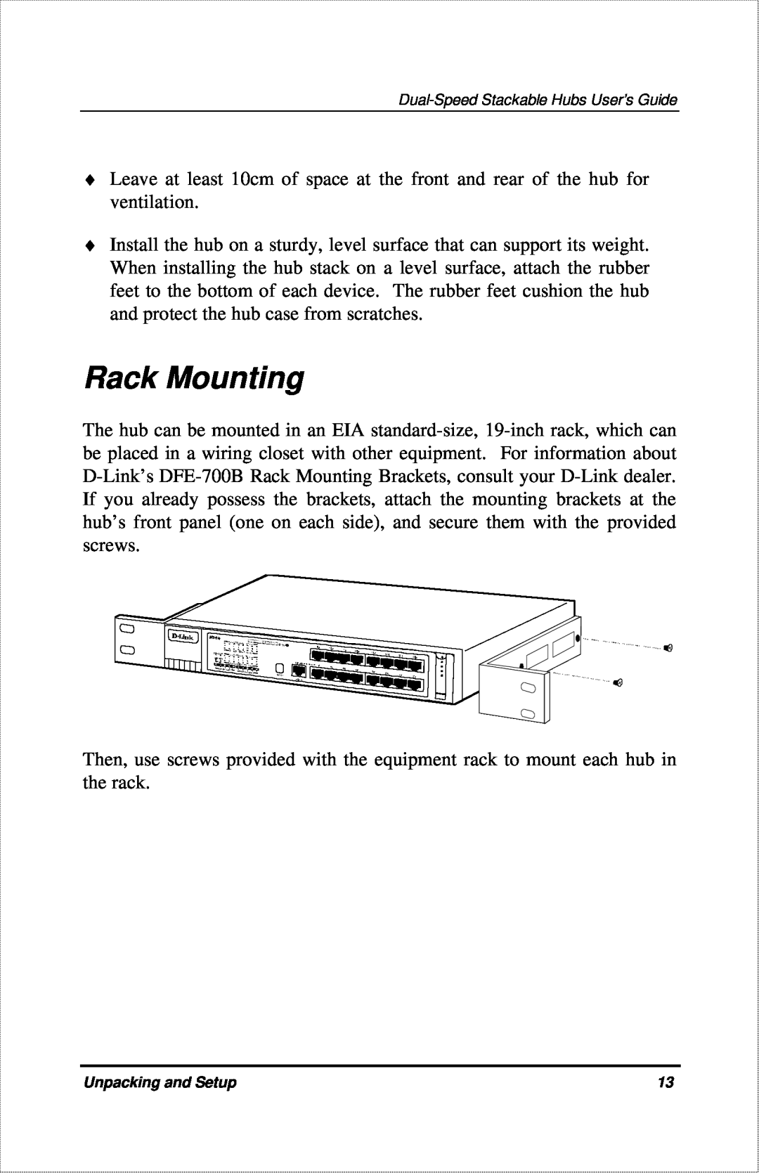 D-Link DFE-916X manual Rack Mounting 