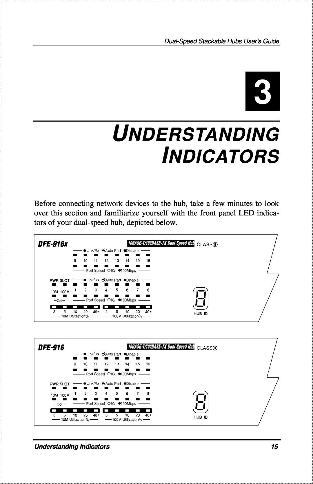 D-Link DFE-916X manual Understanding Indicators, Dual-Speed Stackable Hubs User’s Guide 