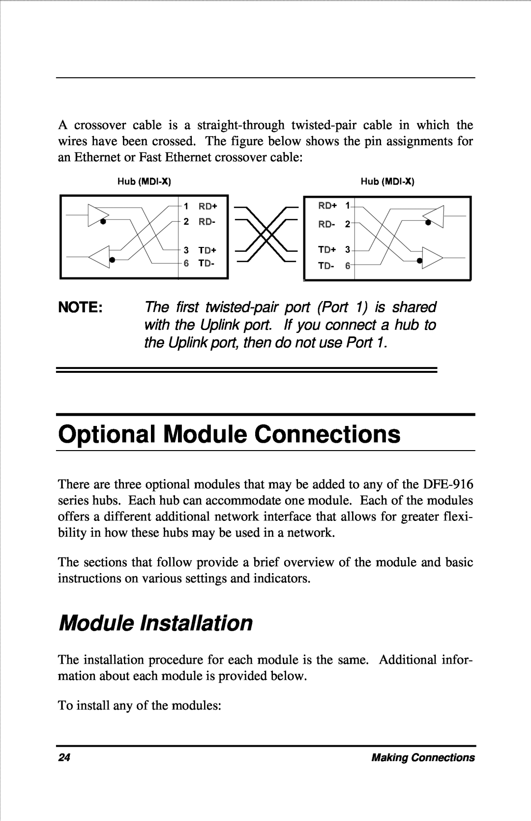 D-Link DFE-916X manual Optional Module Connections, Module Installation 