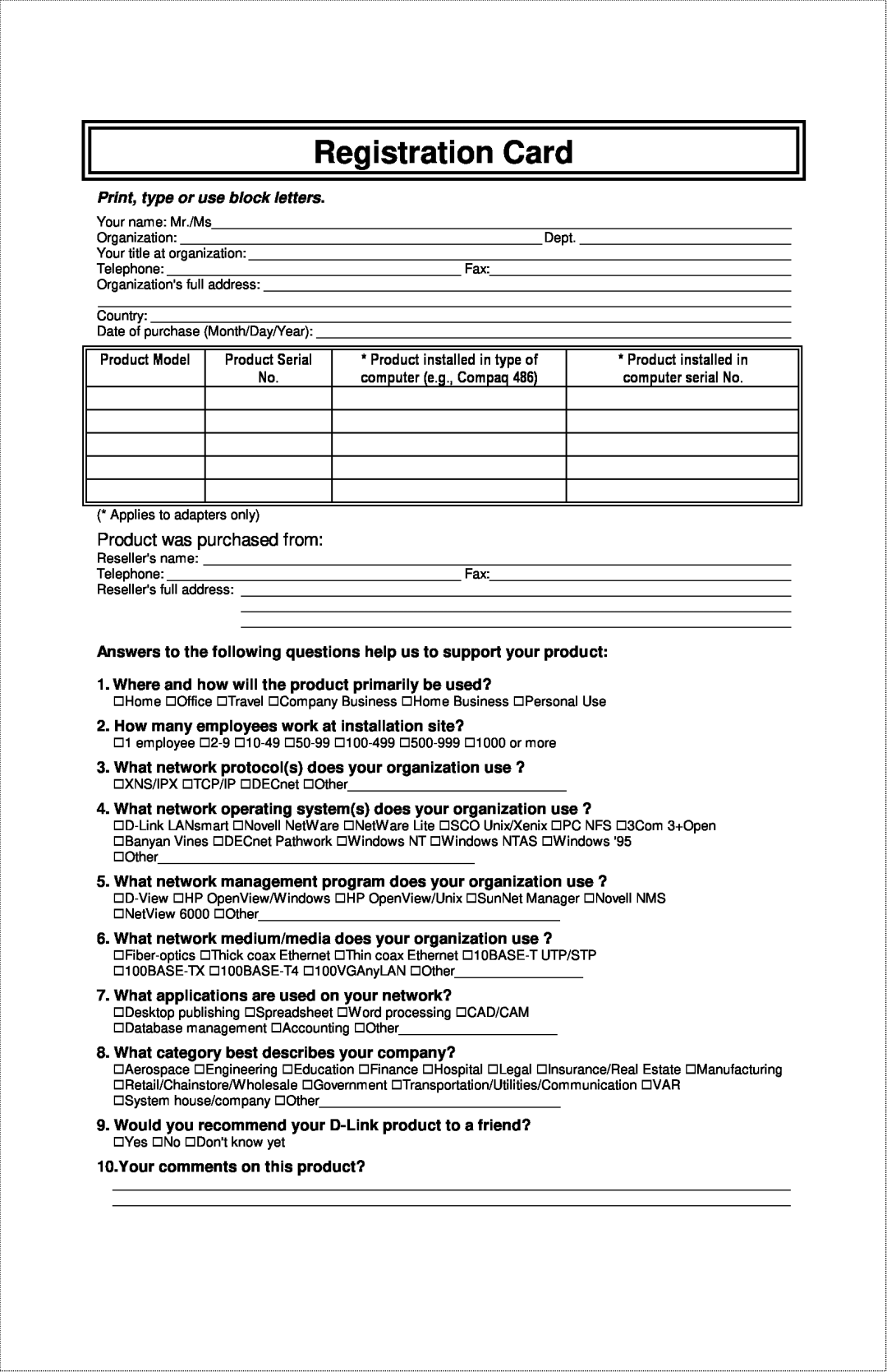 D-Link DFE-916X manual Registration Card, Product was purchased from, Print, type or use block letters 