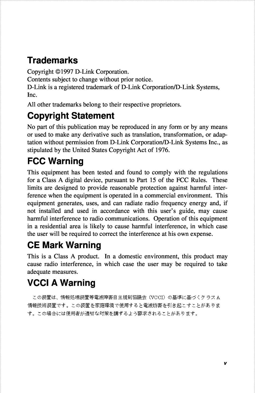 D-Link DFE-916X manual Trademarks, Copyright Statement, FCC Warning, CE Mark Warning, VCCI A Warning 