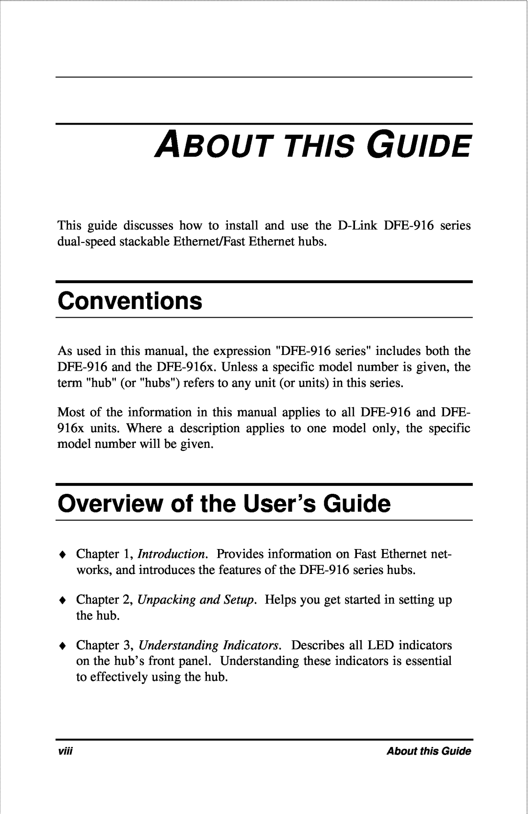 D-Link DFE-916X manual About This Guide, Conventions, Overview of the User’s Guide 