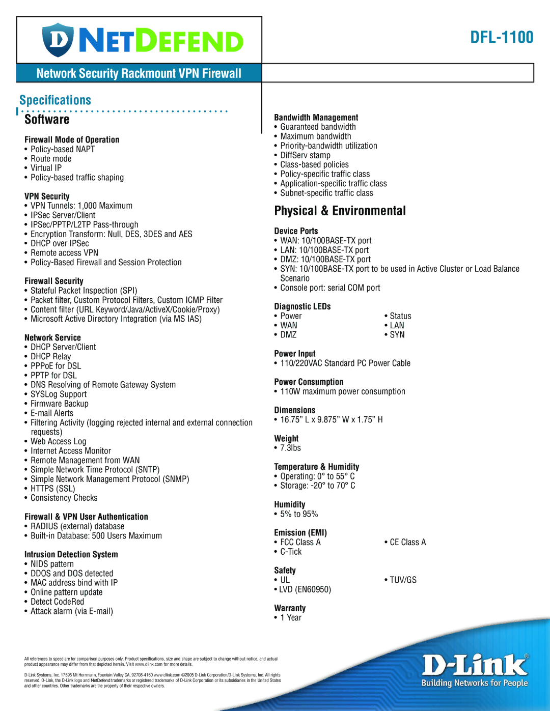 D-Link DFL-1100 manual Software, Physical & Environmental 