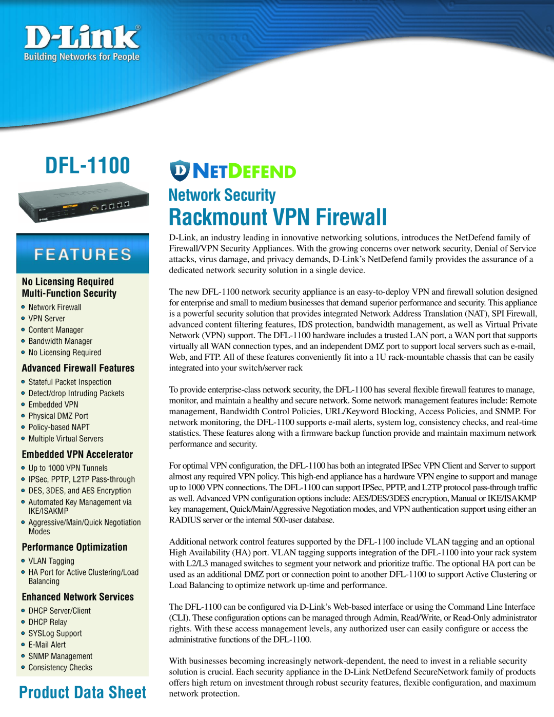 D-Link DFL-1100 manual Network Security, Rackmount VPN Firewall, Product Data Sheet, Advanced Firewall Features 