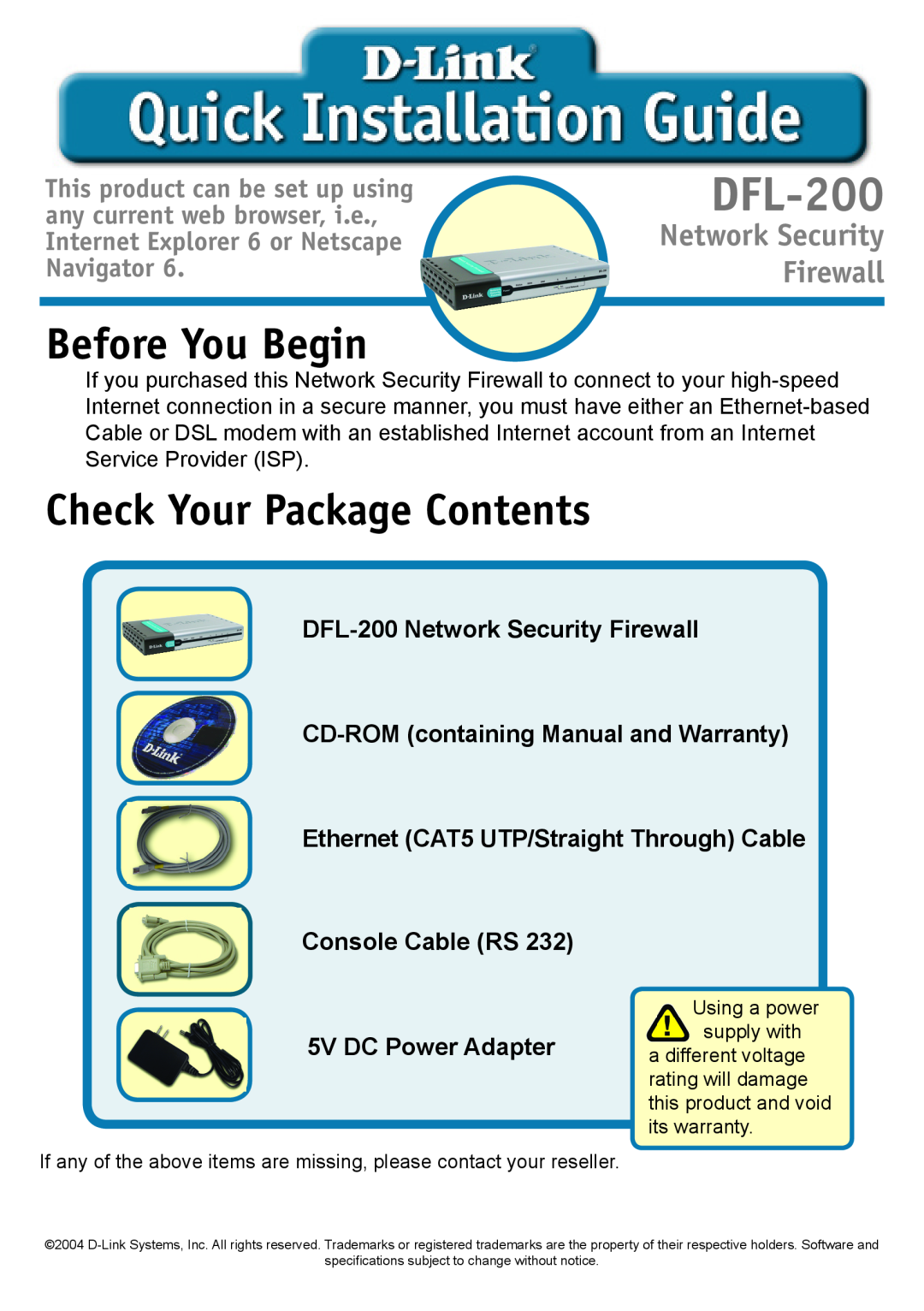 D-Link DFL-200 warranty Before You Begin, Check Your Package Contents, Network Security Firewall, 5V DC Power Adapter 
