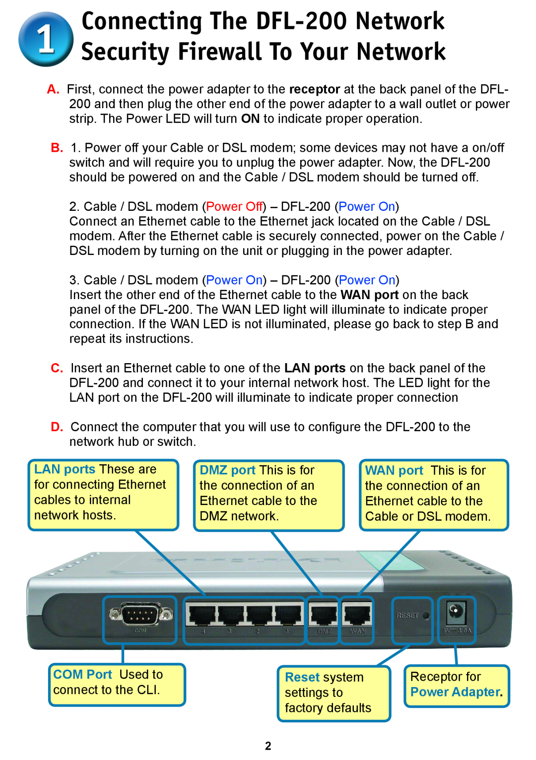 D-Link warranty Connecting The DFL-200 Network Security Firewall To Your Network, LAN ports These are, COM Port Used to 
