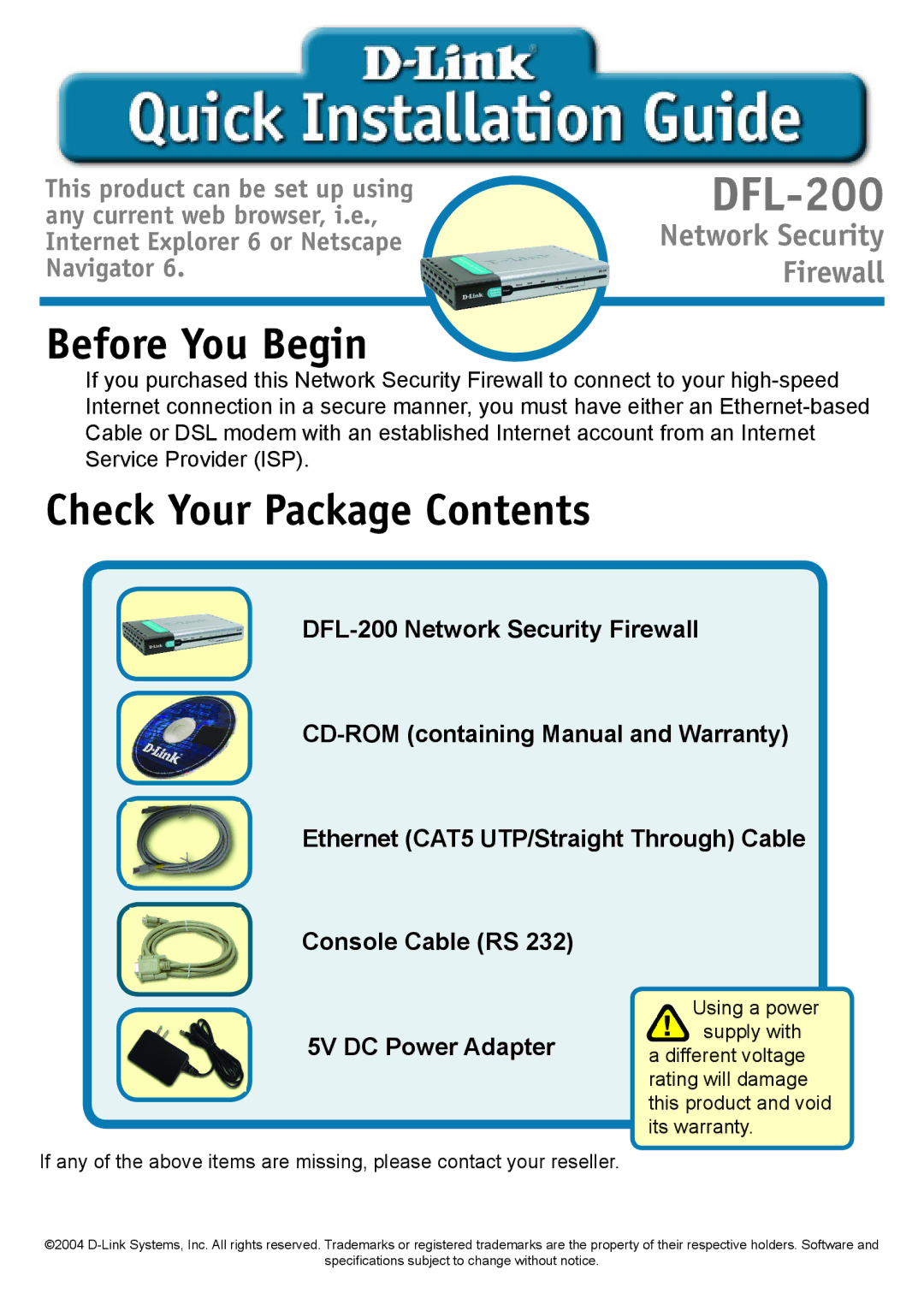 D-Link DFL-200 warranty Before You Begin, Check Your Package Contents 