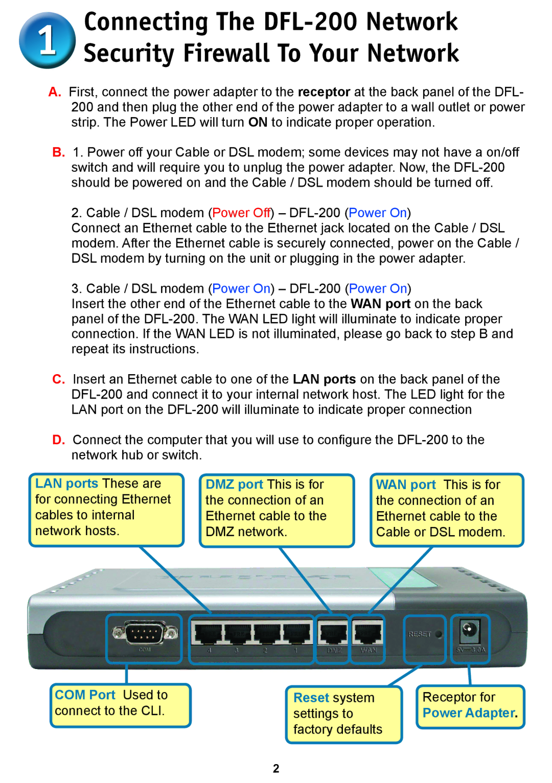 D-Link DFL-200 warranty COM Port Used to Reset system 