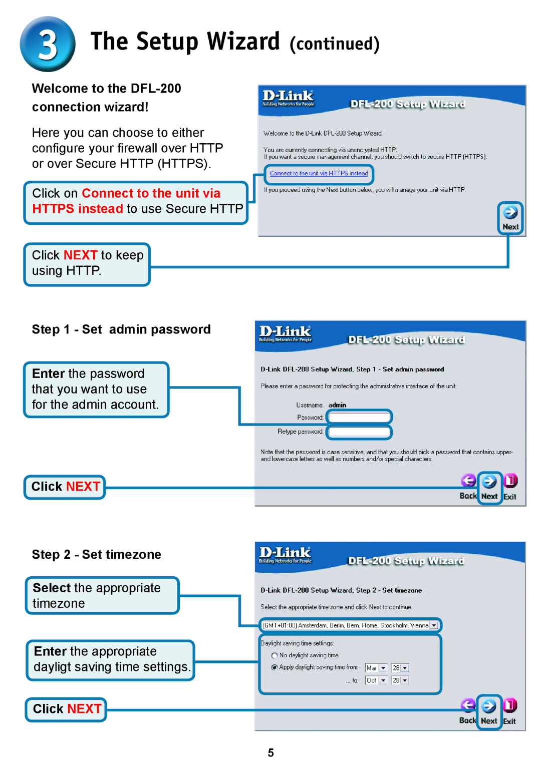 D-Link warranty Setup Wizard, Welcome to the DFL-200 connection wizard, Set admin password, Click Next Set timezone 